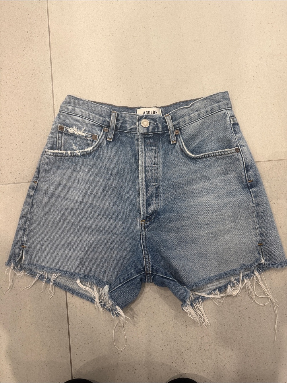 Agolde 26 Light Wash High-Rise Frayed Hem Denim Shorts